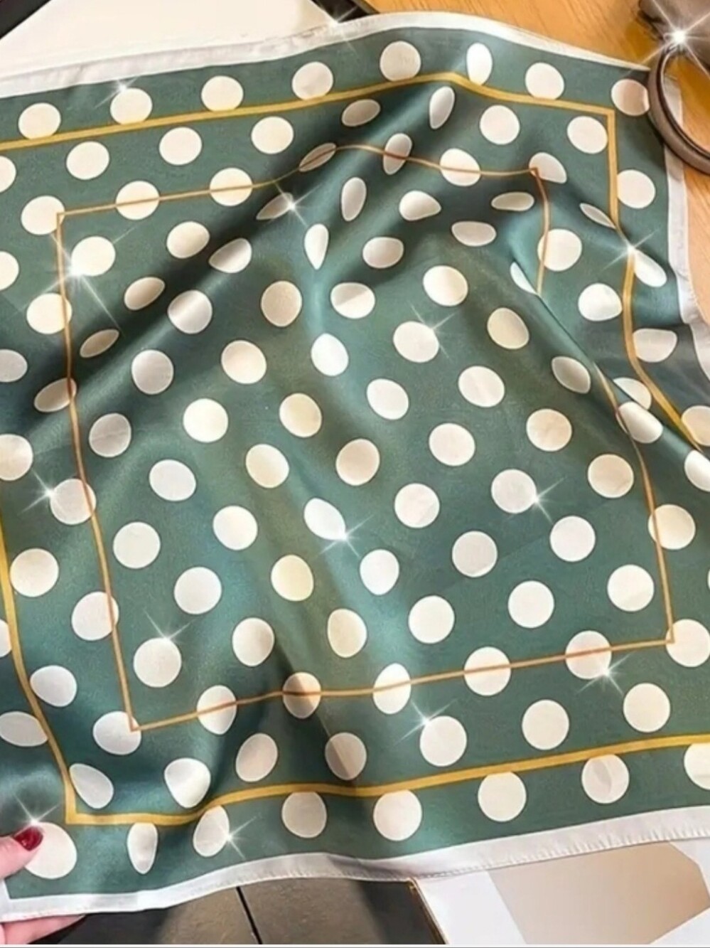 Polka Dot Green Satin Scarf with Gold Trim
